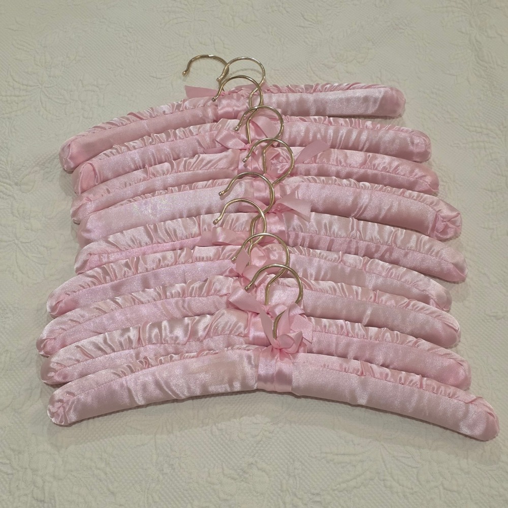 Vtg Pink Satin Padded Hangers Set of 9 Gold Hooks Ruched Lingerie Hangers READ